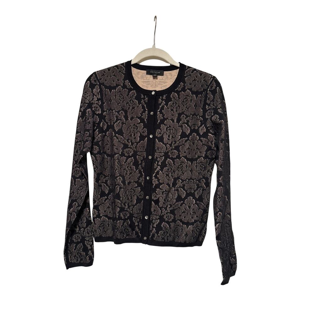 Ann Taylor Medium Black Tan Floral Cardigan Sweater - Picture 2 of 9